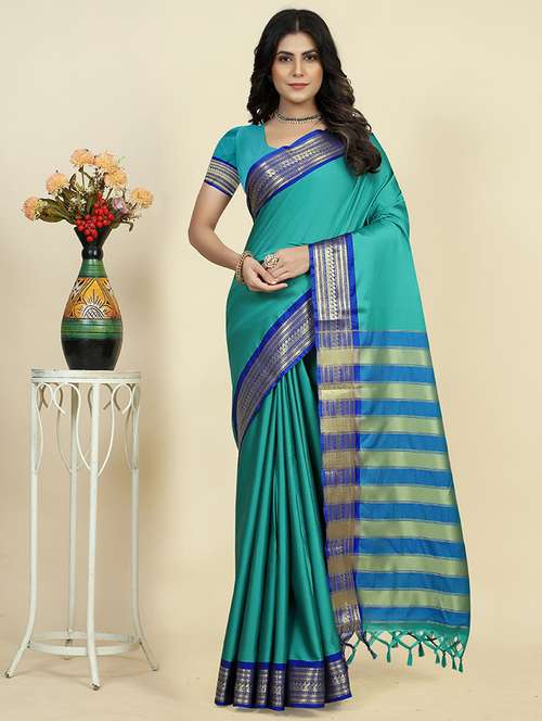 women solid zari bordered saree - 21549631 - Standard Image - 0