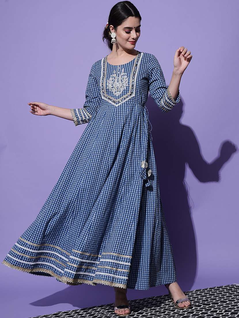 women blue printed anarkali kurta