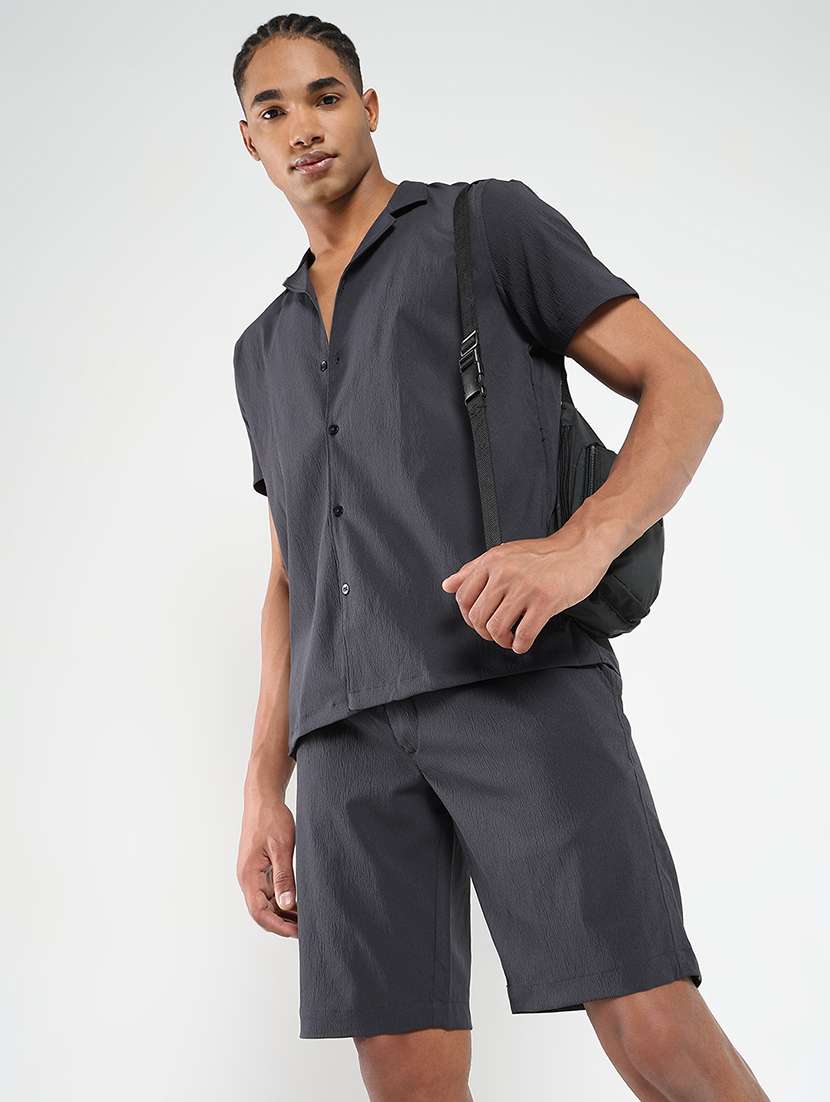 men solid shirt and short co-ord set - 21550164 - Standard Image - 3
