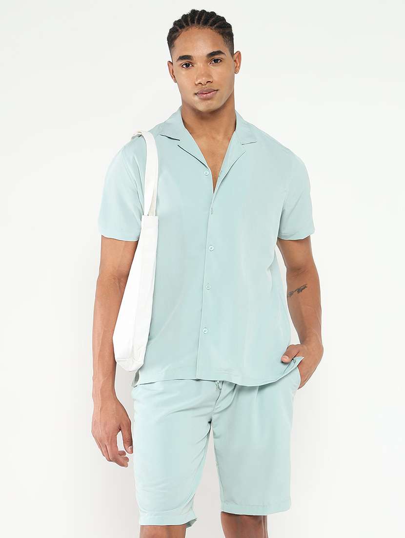 men solid shirt and short co-ord set - 21550172 - Standard Image - 3