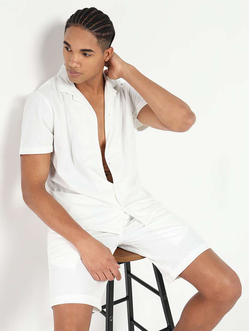 men solid shirt and short co-ord set - 21550182 - Standard Image - 3