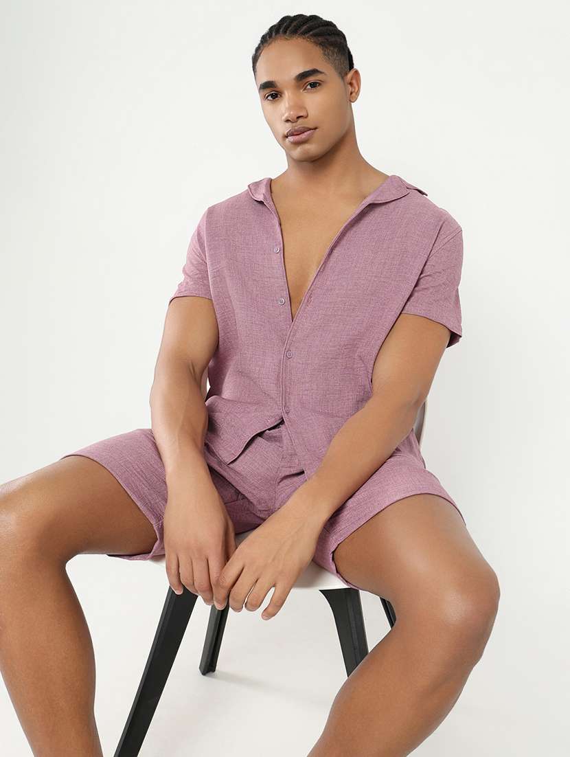 men solid shirt & shorts co-ord set - 21550207 -  Standard Image - 3