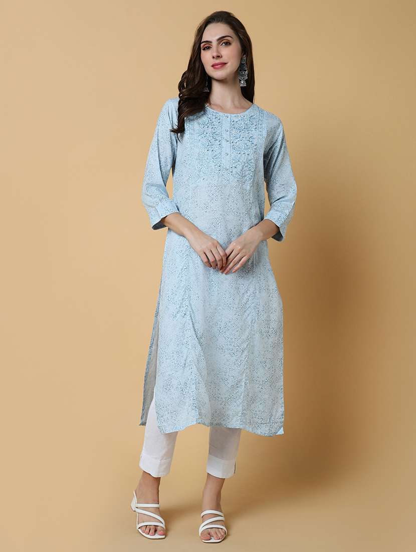 women printed three quarter sleeve straight kurta