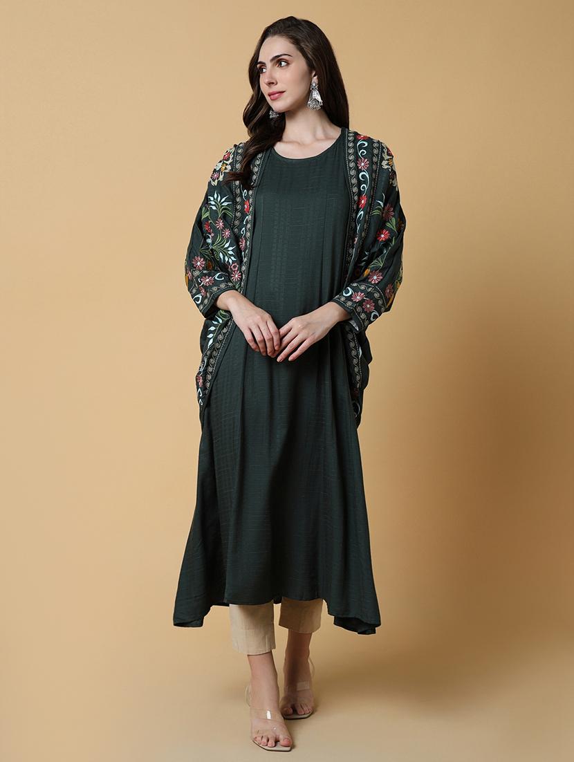 women round neck a-line kurta with embroidered jacket - 21550243 - Standard Image - 3