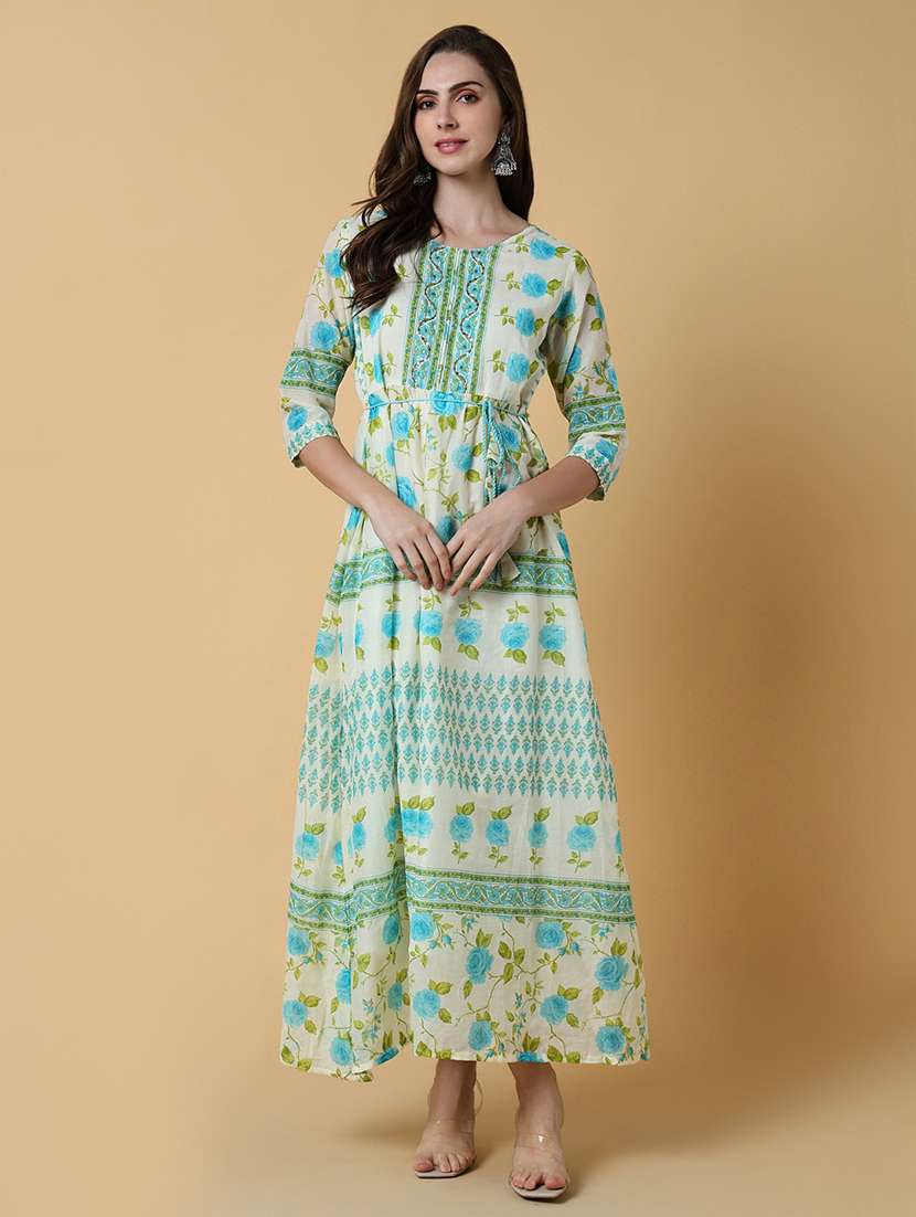 women printed three quater sleeve a-line kurta