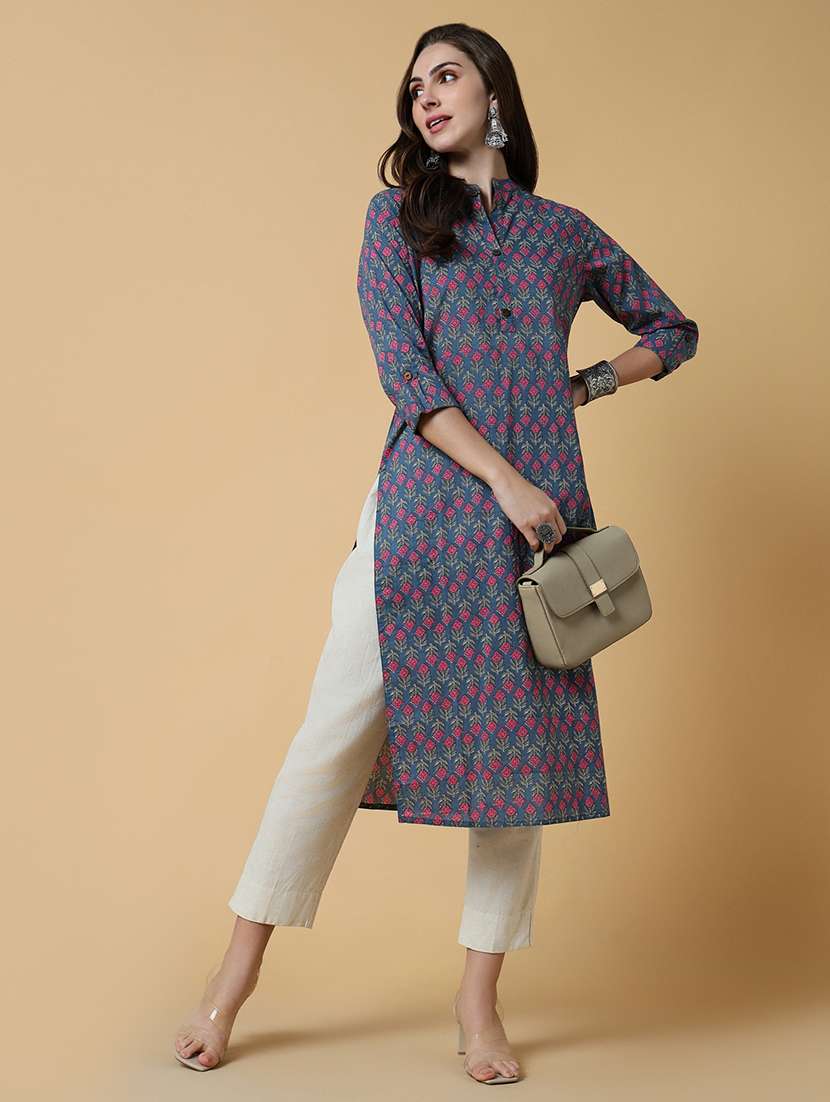 women printed three quater sleeve straight kurta - 21550263 - Standard Image - 3