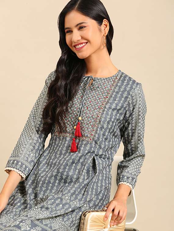women grey printed kurta pant set  - 21550316 -  Standard Image - 3