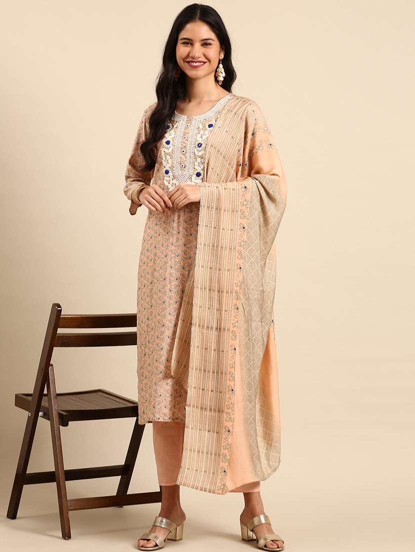 women printed three quarter sleeve kurta pant with dupatta set