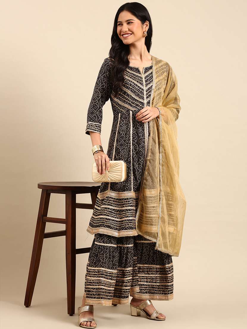 women black bandhani kurta sharara with dupatta set