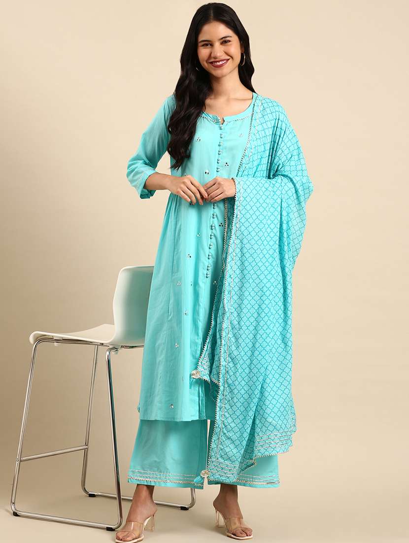 women mirror work kurta palazzo with dupatta set