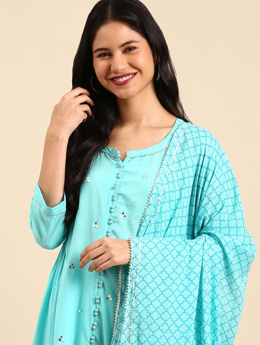 women mirror work kurta palazzo with dupatta set - 21550364 -  Standard Image - 3