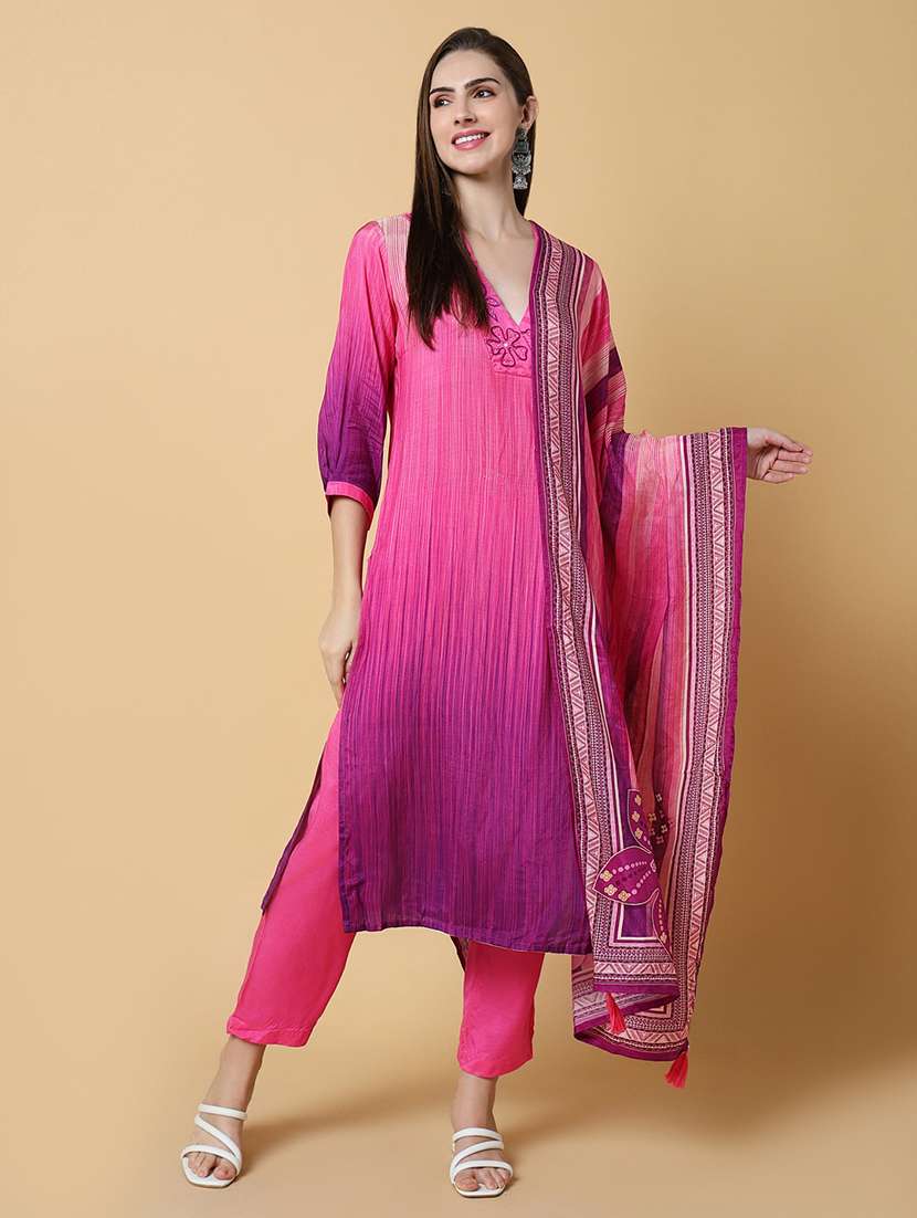 women pink ombre v neck kurta pant set with dupatta - 21550404 -  Standard Image - 3