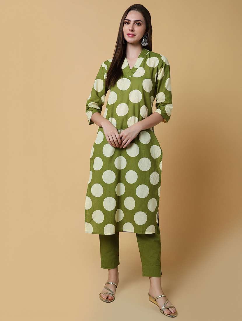 women green polka dot printed kurta pant set