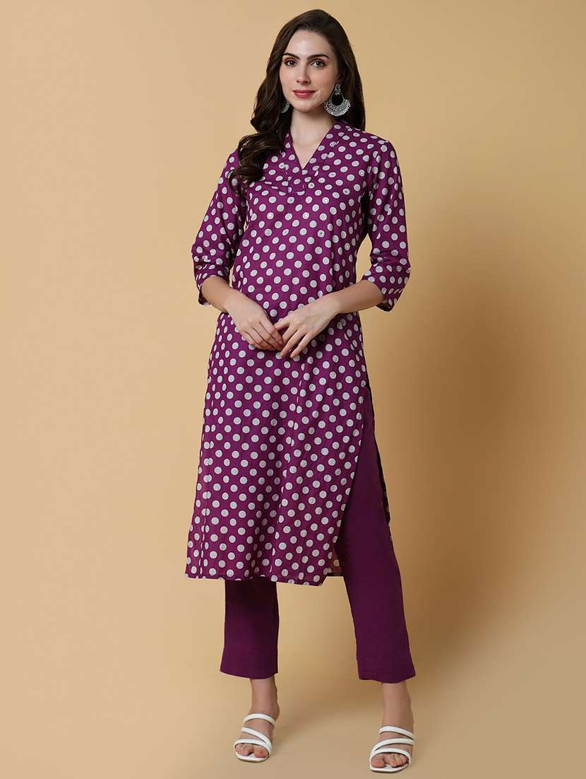 women purple polka dot kurta pant set
