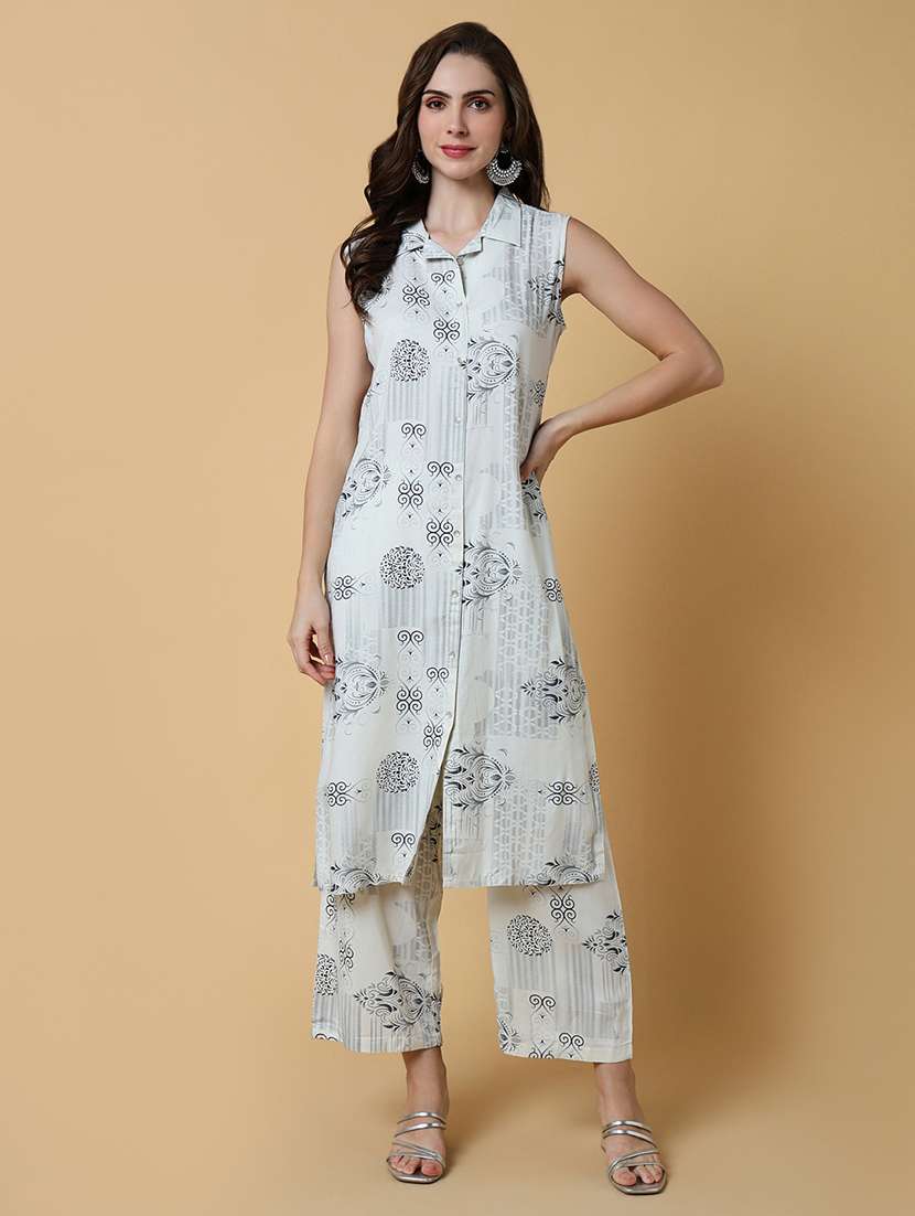 women printed sleeveless kurta pant set