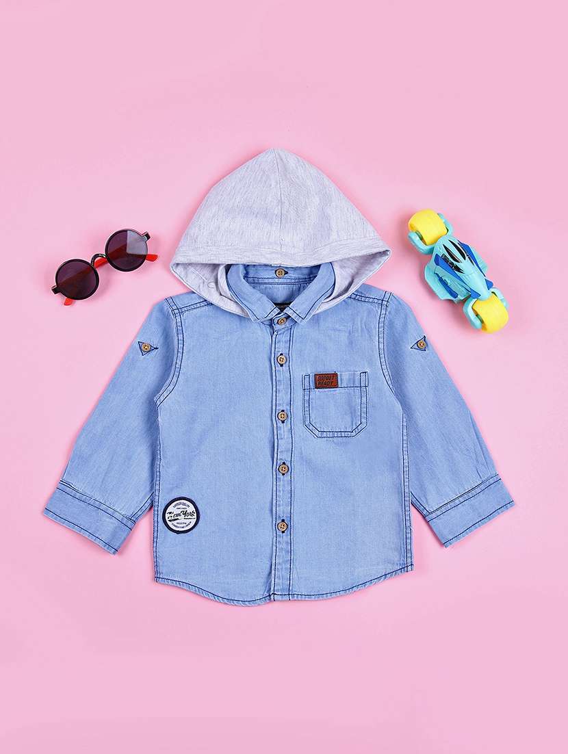 boys light blue solid hooded neck denim shirt