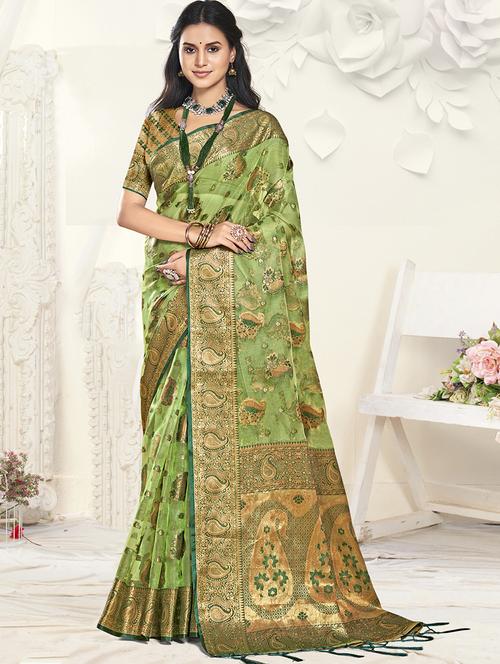 green organza handloom saree with blouse - 21551397 -  Standard Image - 0