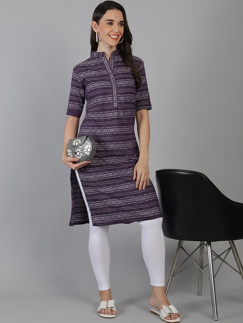 women purple self design mandarin neck straight kurta - 21551434 -  Standard Image - 0