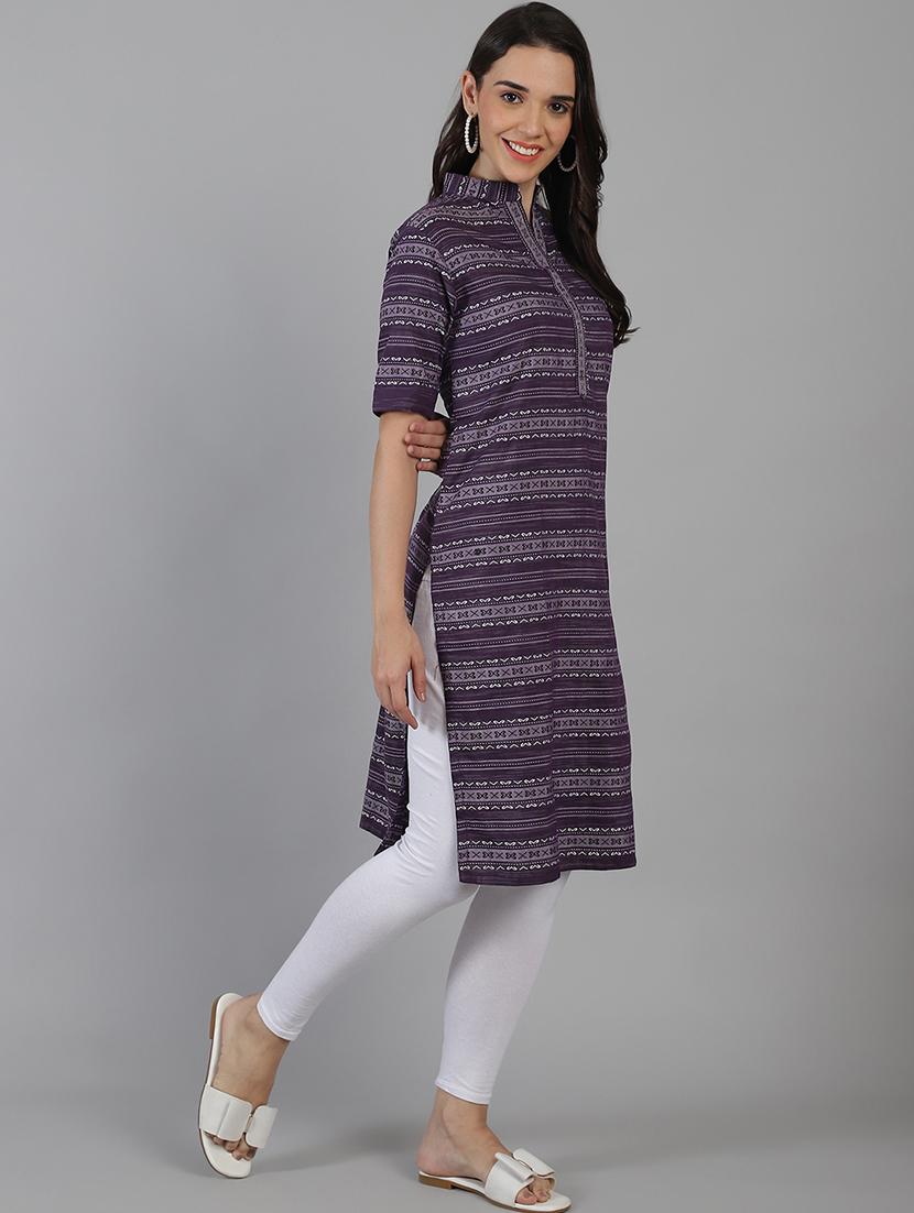 women purple self design mandarin neck straight kurta - 21551434 - Standard Image - 3