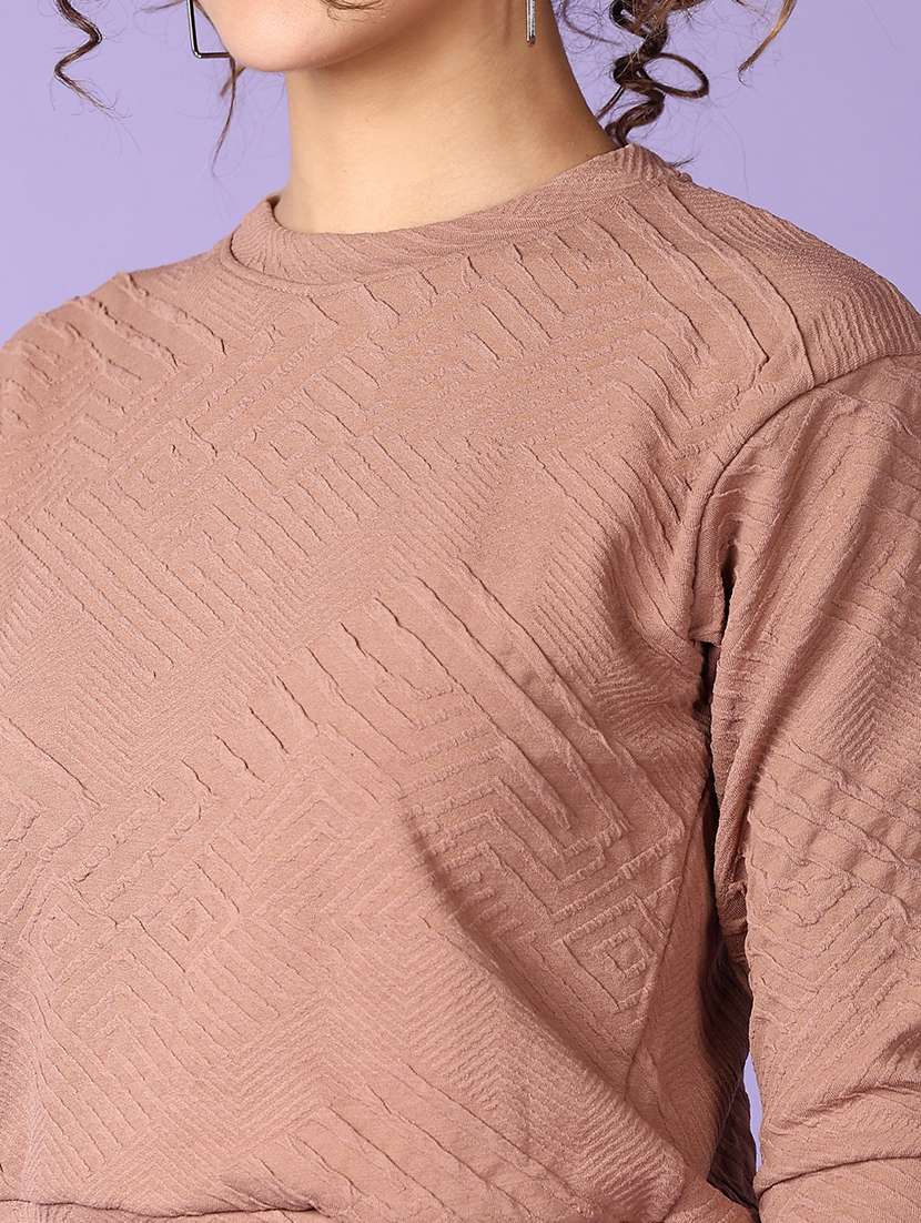 women brown self design long sleeve crop top - 21551554 - Standard Image - 5