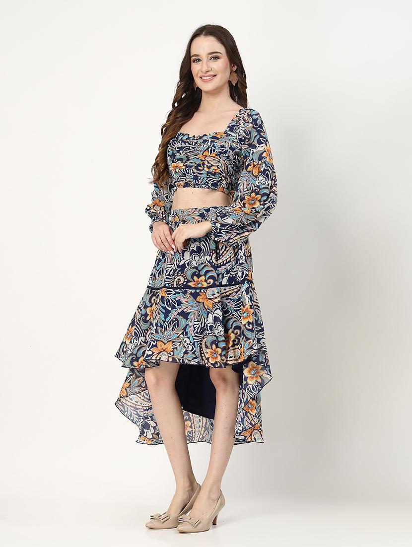 women navy blue printed top and skirt co-ord set - 21552040 - Standard Image - 3