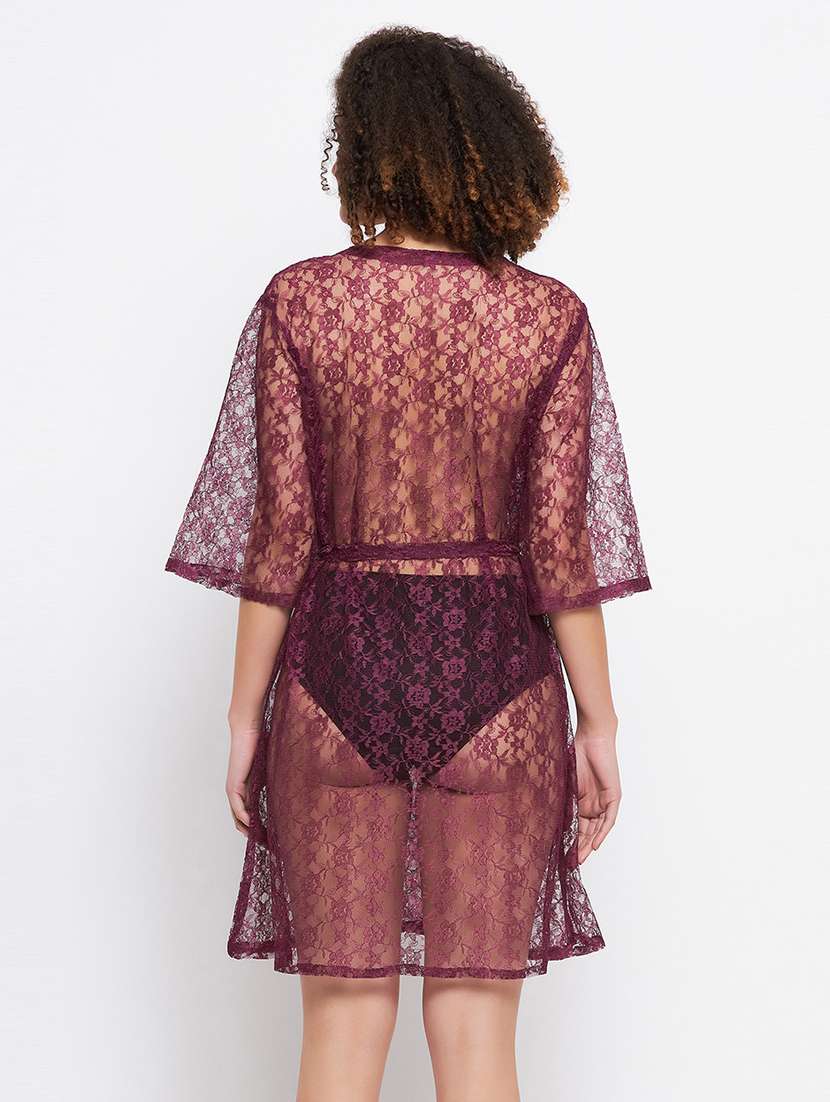 women solid lace detailed sleepwear robe - 21552276 -  Standard Image - 3