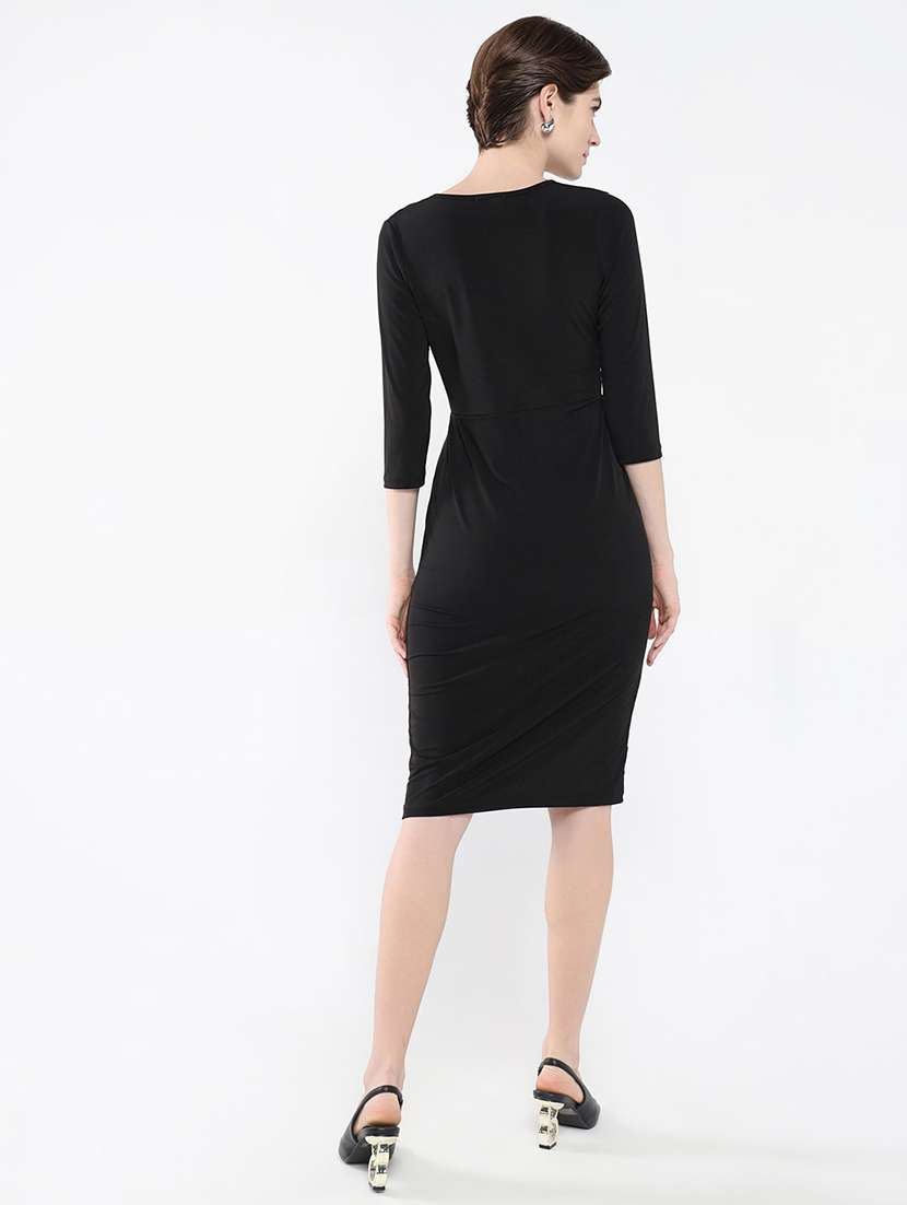 women solid overlap neck bodycon dress - 21553930 -  Standard Image - 3