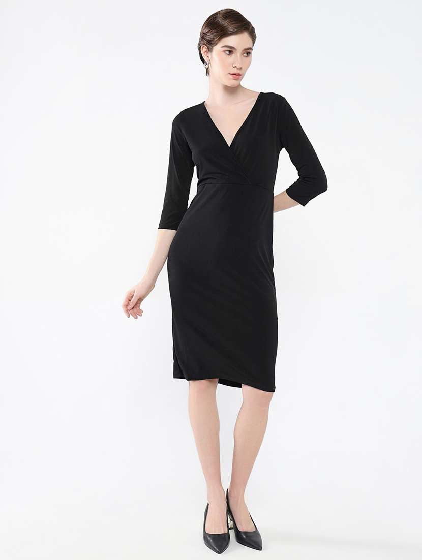 women solid overlap neck bodycon dress - 21553930 -  Standard Image - 5