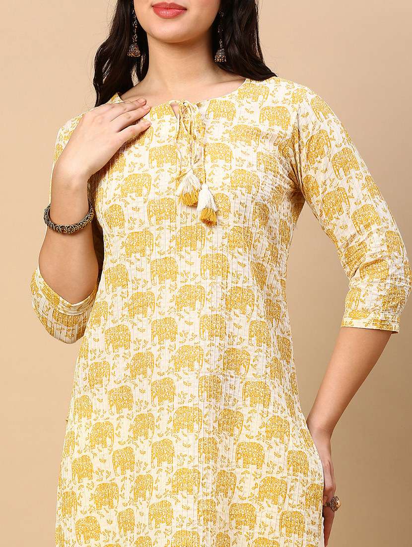 women printed tie up neck straight kurta - 21553942 -  Standard Image - 5