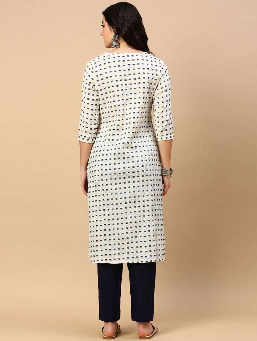 women printed tie up neck straight kurta - 21553944 -  Standard Image - 3