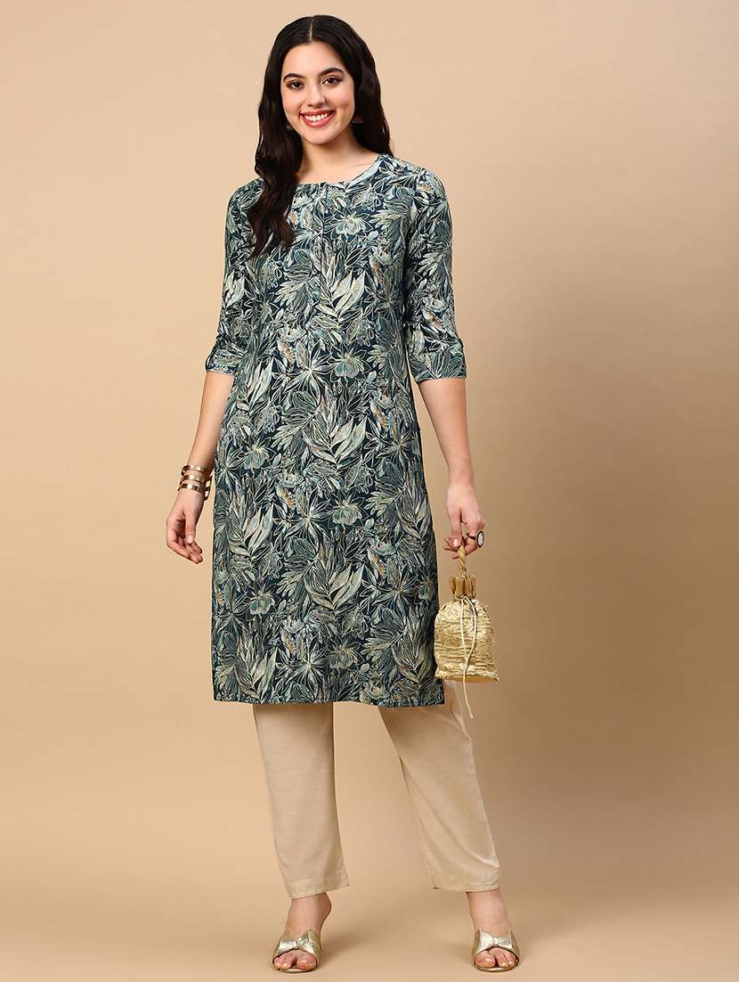 women printed round neck straight kurta