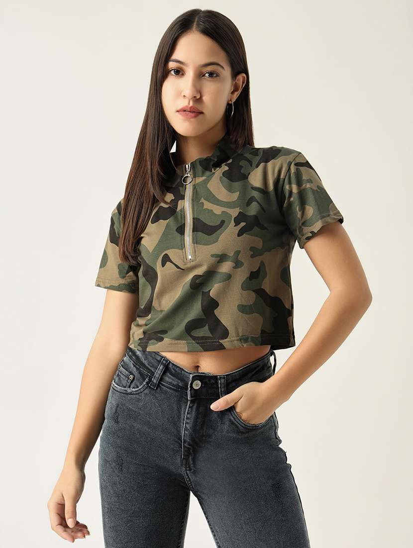 women camouflage printed short sleeve regular t-shirt