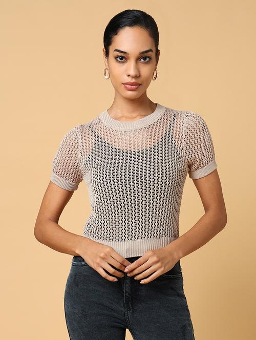women beige crochet regular top - 21554092 -  Standard Image - 0