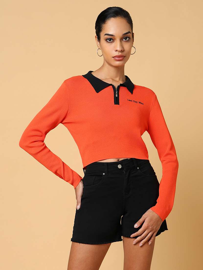 women orange color block regular top - 21554107 -  Zoom Image - 0