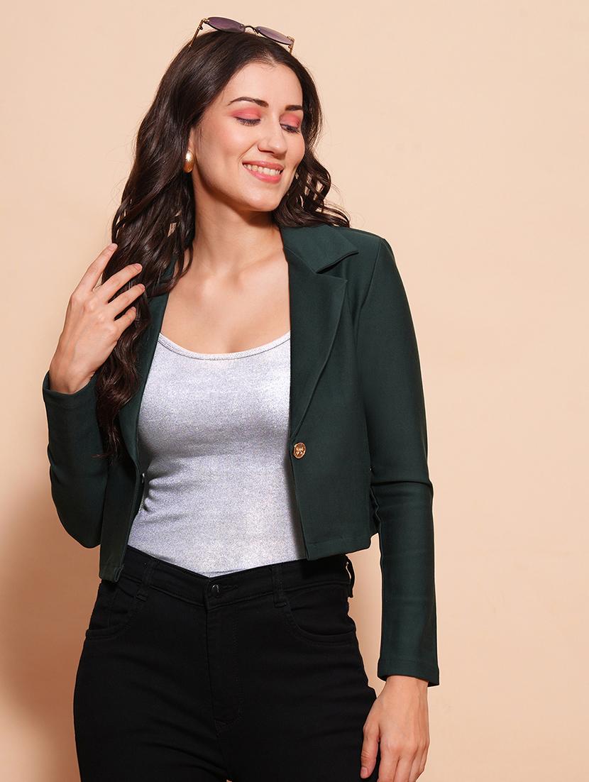 globus women bottle green pink lapel collared long sleeves front opening crop jacket type work wear blazer - 21554180 - Zoom Image - 0