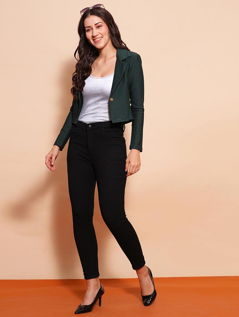 globus women bottle green pink lapel collared long sleeves front opening crop jacket type work wear blazer - 21554180 - Standard Image - 3