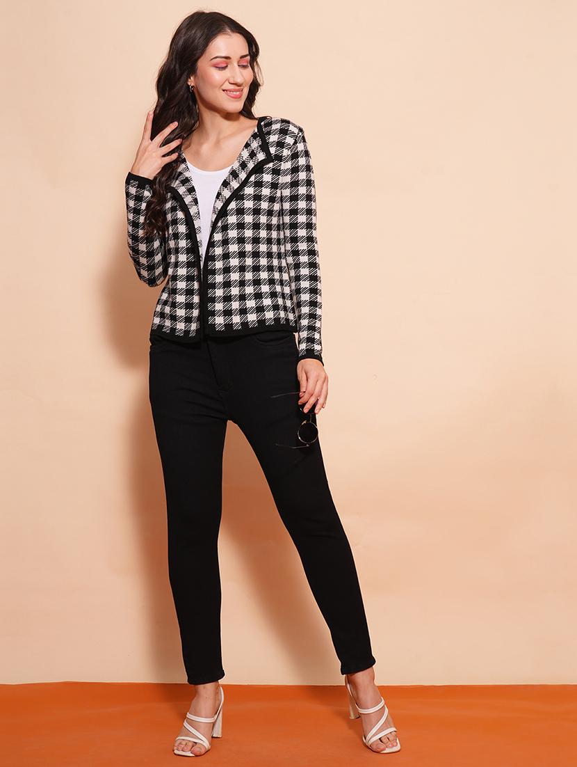 globus women black & white chequered lapel collar full sleeves cardigan sweater - 21554181 - Standard Image - 3
