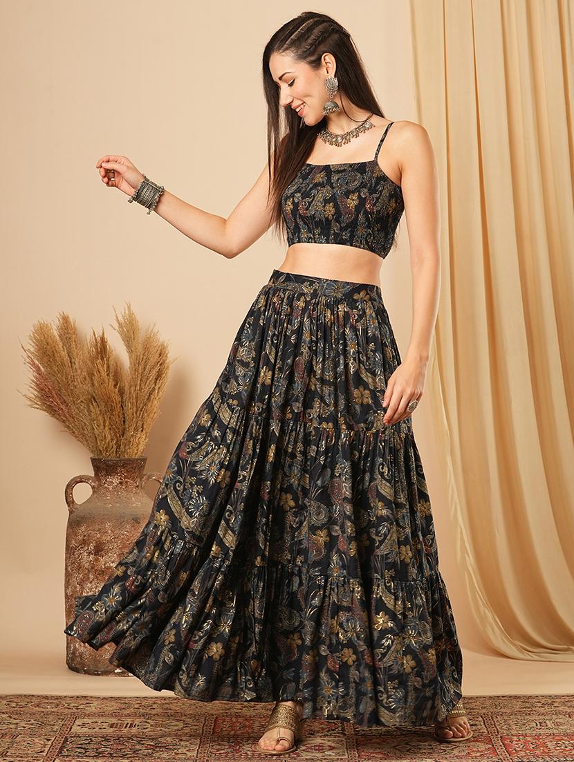 globus women blue floral printed strappy shoulder smocked crop top & maxi tiered skirt fusion co-ord set - 21554182 -  Zoom Image - 0