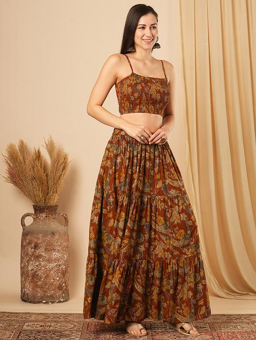 globus women mustard floral printed strappy shoulder smocked crop top & maxi tiered skirt fusion co-ord set - 21554183 -  Standard Image - 0