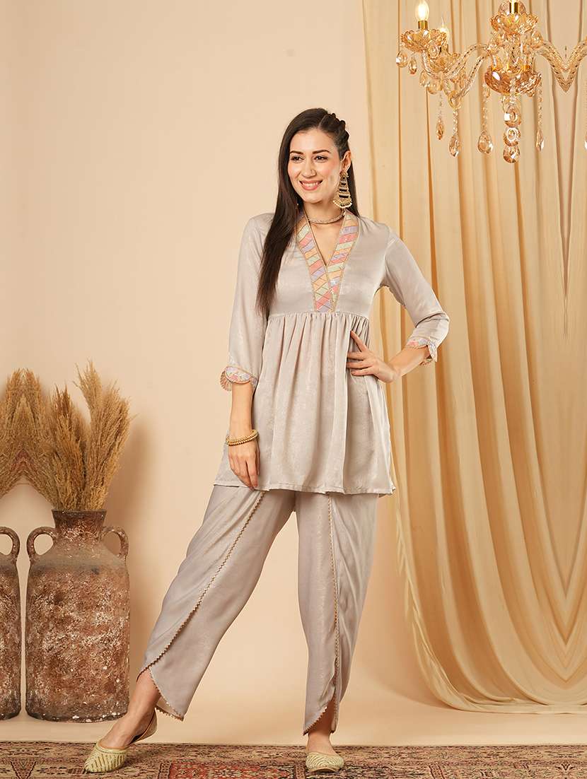 globus women grey overlapping sequined lace v neck velvet peplum tunic & mid-rise ankle length dhoti fusion co-ord set - 21554187 -  Zoom Image - 0