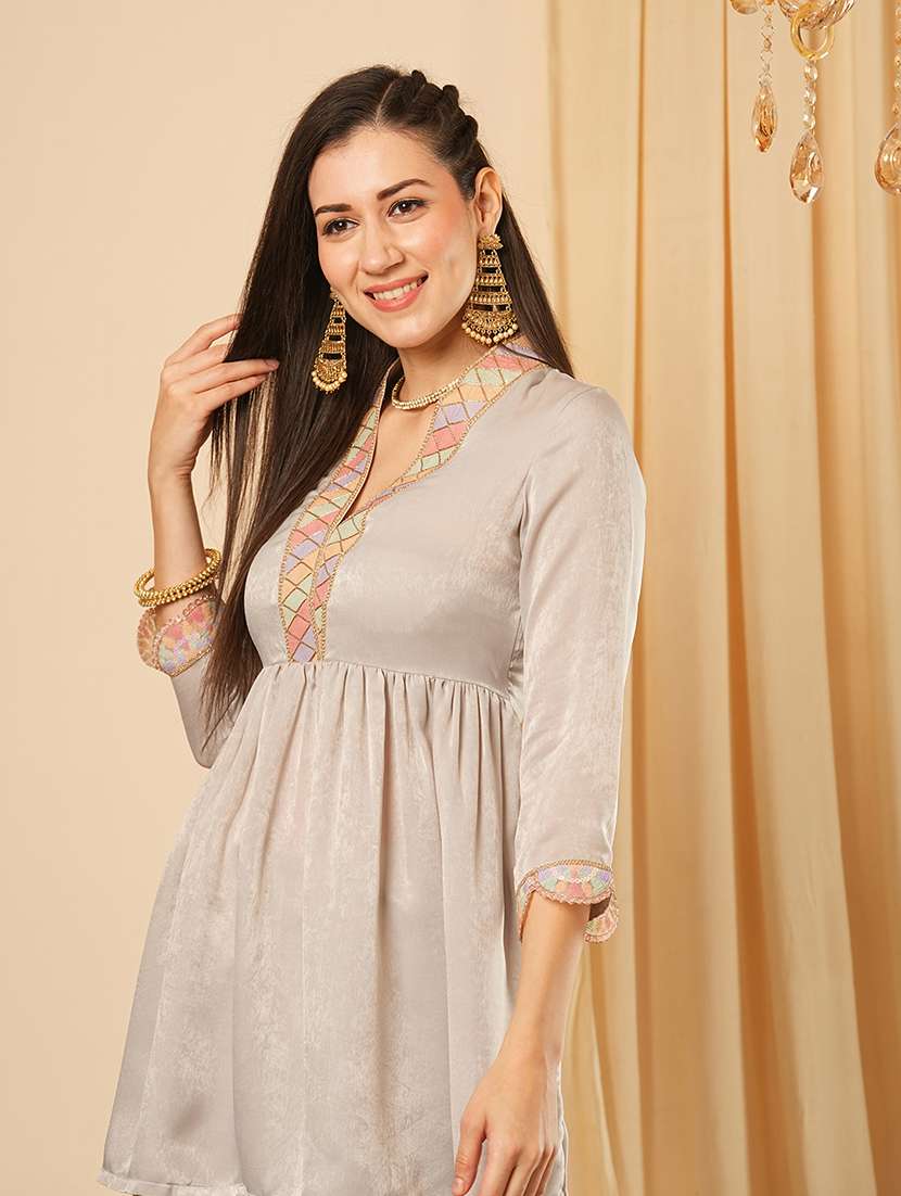 globus women grey overlapping sequined lace v neck velvet peplum tunic & mid-rise ankle length dhoti fusion co-ord set - 21554187 -  Standard Image - 3