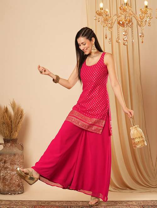 globus women pink gold foil ethnic motif round neck short kurti & partially elasticated flared palazzo festive co-ord set - 21554189 -  Standard Image - 0