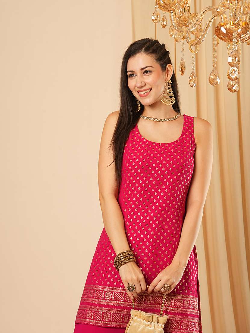 globus women pink gold foil ethnic motif round neck short kurti & partially elasticated flared palazzo festive co-ord set - 21554189 -  Standard Image - 3