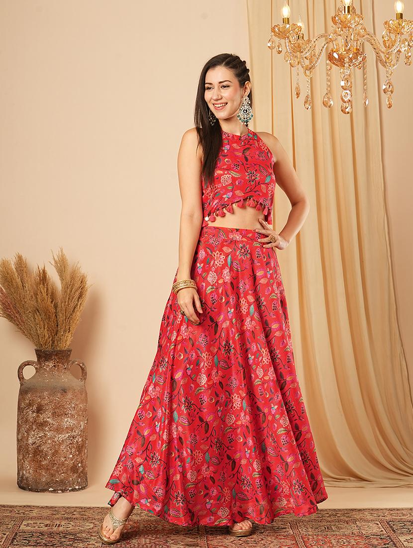 globus women red floral printed halter neck tassel detailing crop top & partially elasticated flared maxi fusion co-ord set - 21554190 -  Zoom Image - 0