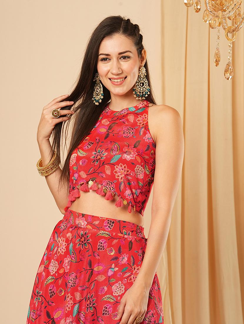 globus women red floral printed halter neck tassel detailing crop top & partially elasticated flared maxi fusion co-ord set - 21554190 - Standard Image - 3