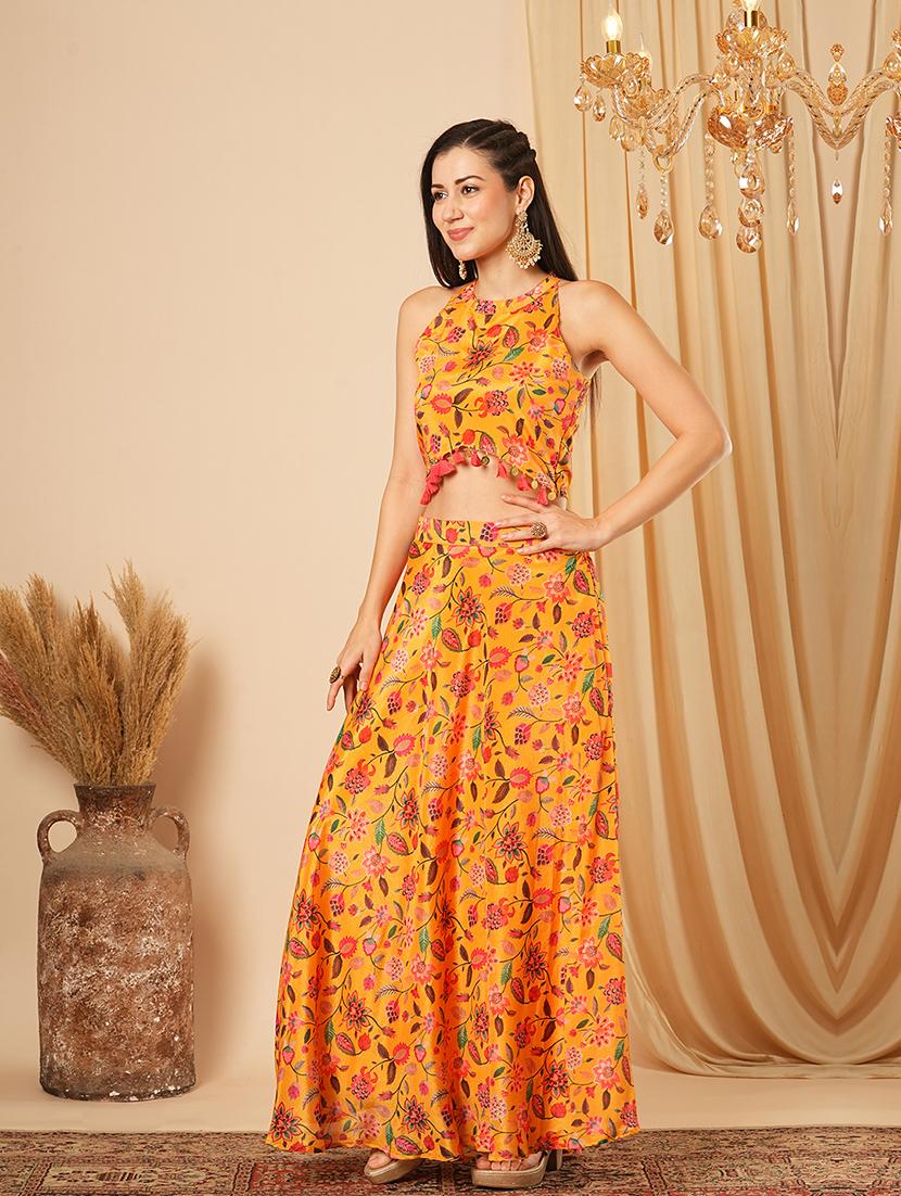 globus women yellow floral printed halter neck tassel detailing crop top & partially elasticated flared maxi fusion co-ord set - 21554191 -  Zoom Image - 0