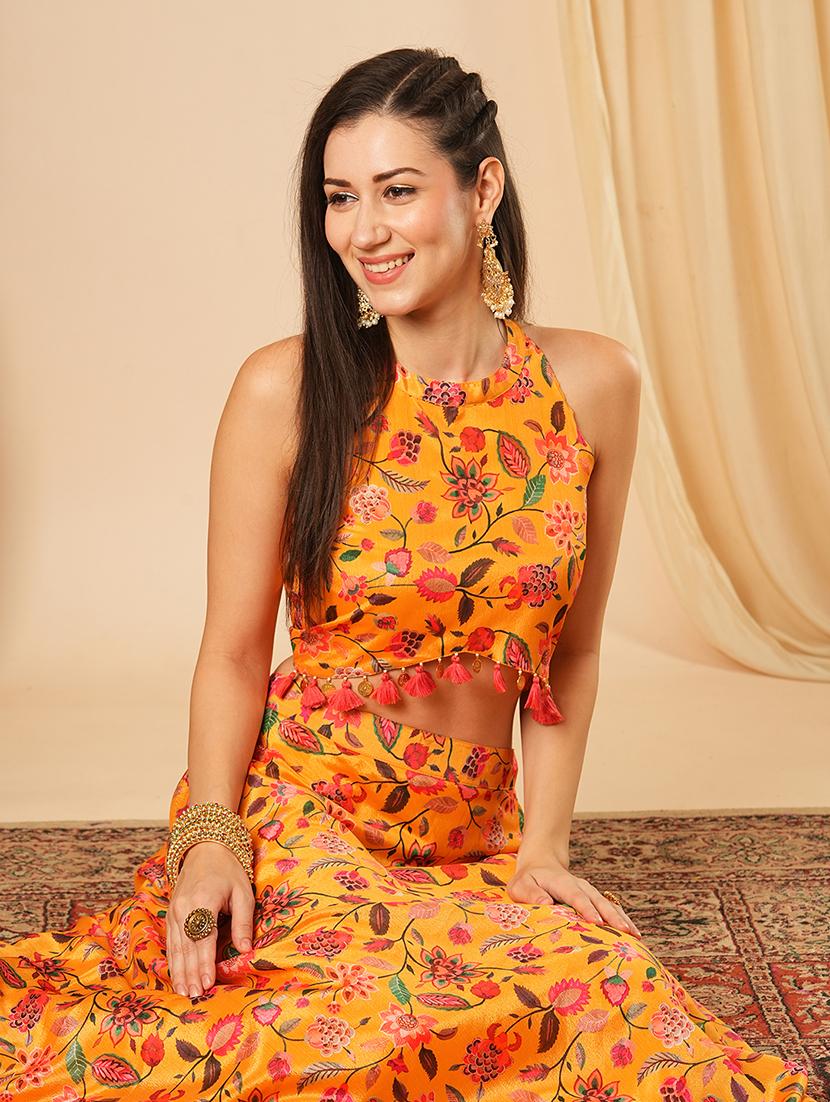 globus women yellow floral printed halter neck tassel detailing crop top & partially elasticated flared maxi fusion co-ord set - 21554191 - Standard Image - 3