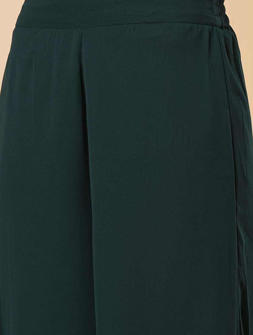 globus women teal gold foil ethnic motif round neck short kurti & partially elasticated flared palazzo festive co-ord set - 21554192 -  Standard Image - 5