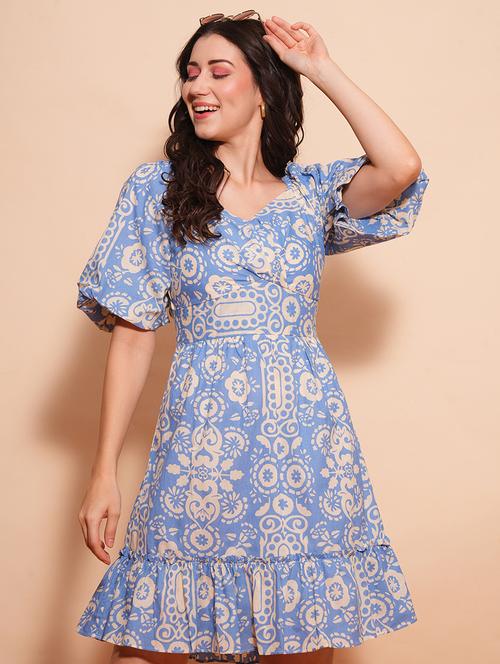 globus women blue sweetheart neck balloon sleeves tribal print gathered smocked fit & flare dress - 21554196 -  Standard Image - 0