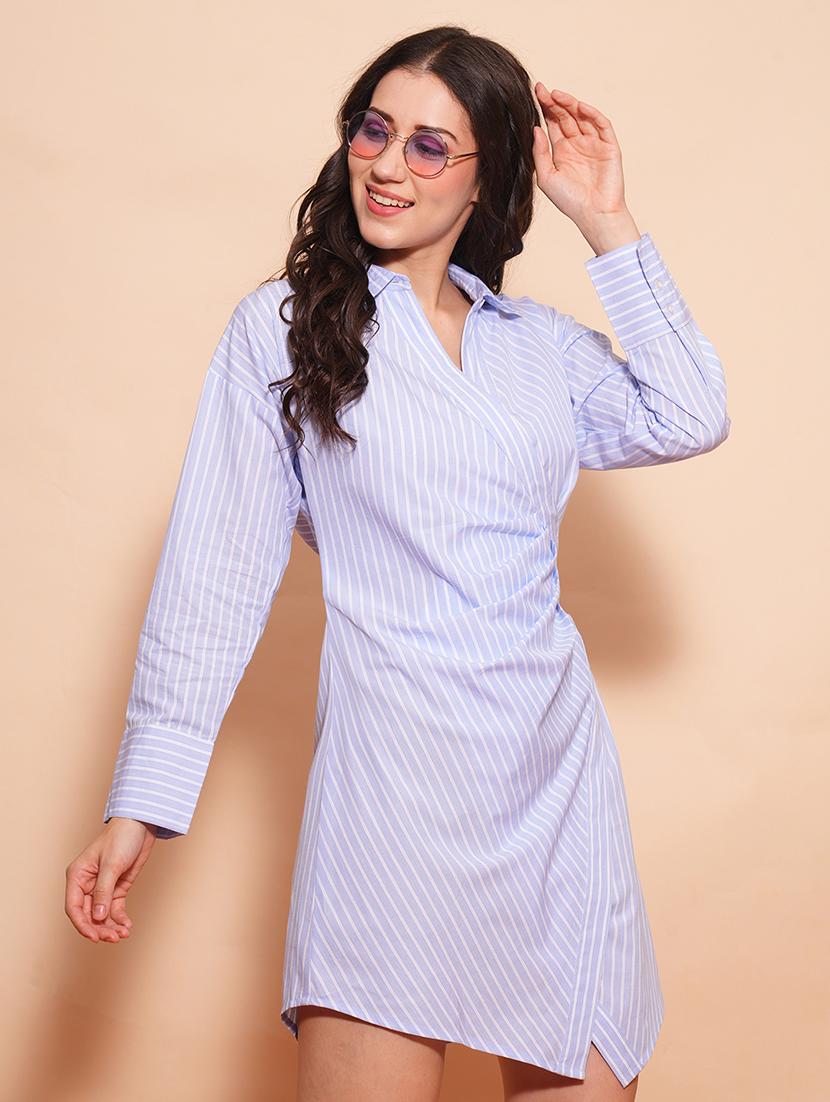 globus women blue shirt collar cuffed sleeves striped pleated wrap dress - 21554198 -  Zoom Image - 0